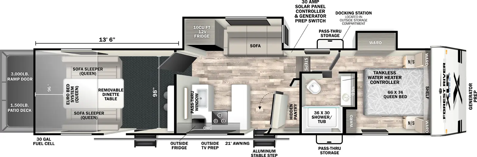 The XLR Boost 363BX floorplan is a toy hauler that has two entries and two slide outs. Exterior features include: fiberglass exterior, 21' awning and  outside entertainment. Interiors features include: front bedroom.